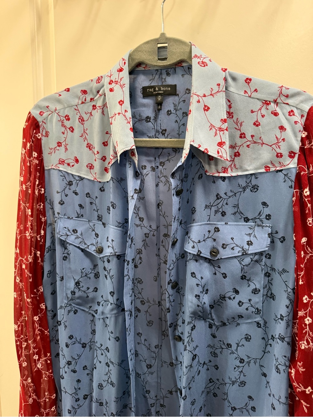 New without tags rag & bone Mixed-Print Button Front Blouse - Blue & Red Floral